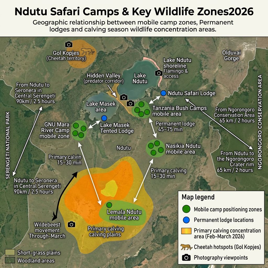 "Ndutu safari camps 2026 map showing mobile camp zones vs permanent lodges with calving season wildlife areas and drive times in Ngorongoro Conservation Area Tanzania"