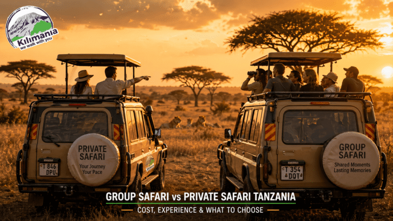 Group safari vs private safari Tanzania comparison Serengeti golden hour 2026
