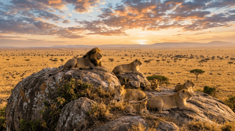 Lion sightings Serengeti vs Ngorongoro — male lion on Simba Kopjes at sunrise