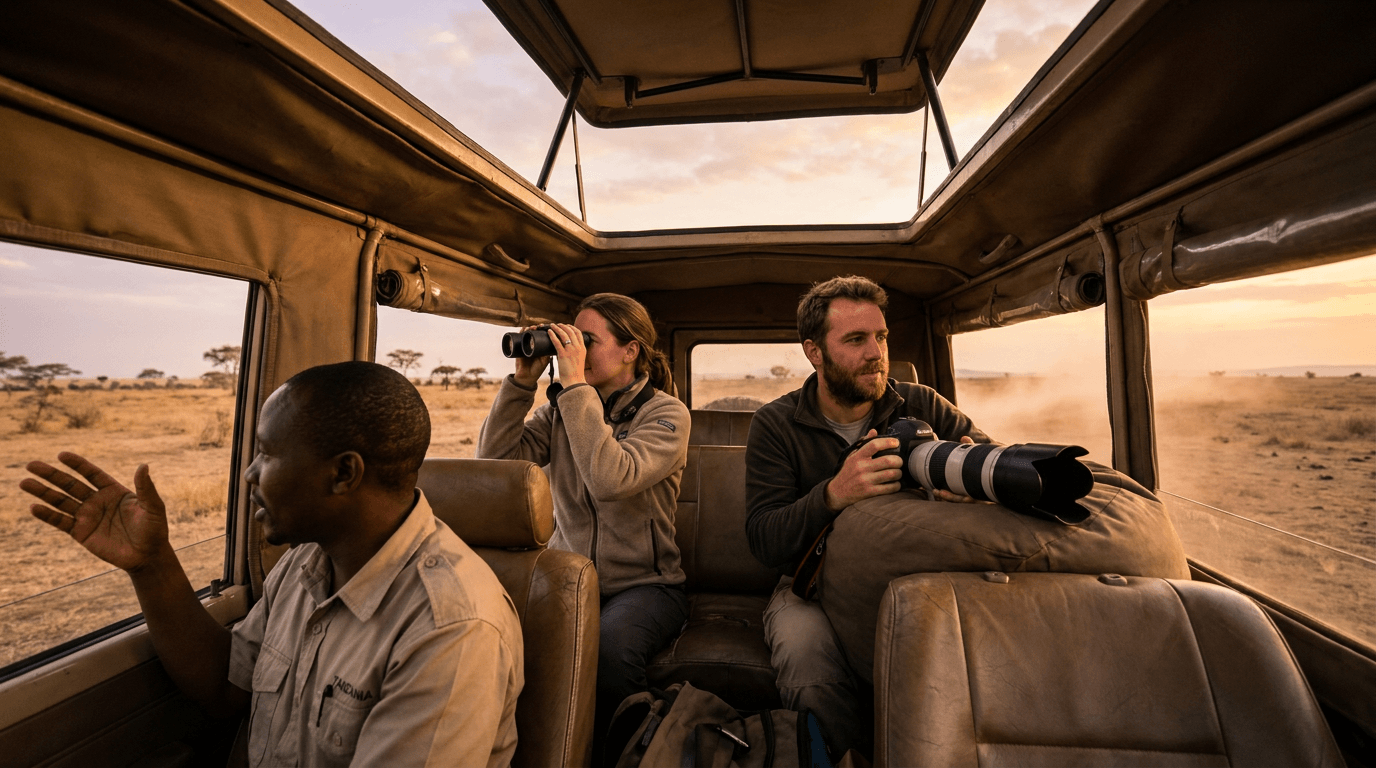 Private safari in Tanzania benefits a couple with an exclusive vehicle, Serengeti sunrise 
