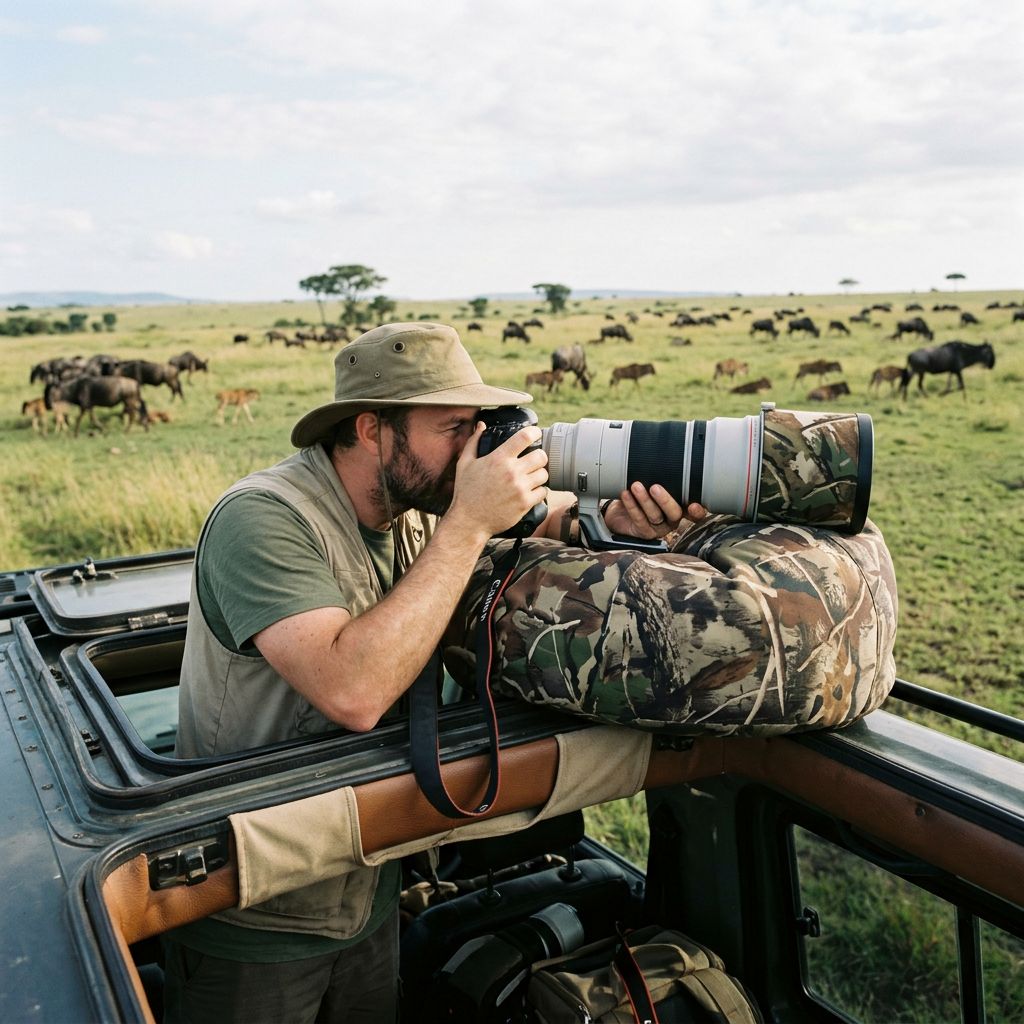 Ndutu Safari Camps 2026wildlife photography safari 2026, Tanzania calving season, telephoto lens, beanbag