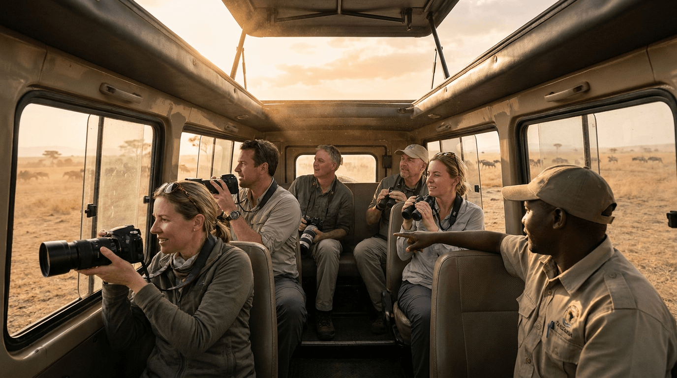 shared safari Tanzania vehicle seating window views group experience Northern Circuit: Group Safari vs Private Safari Tanzania
