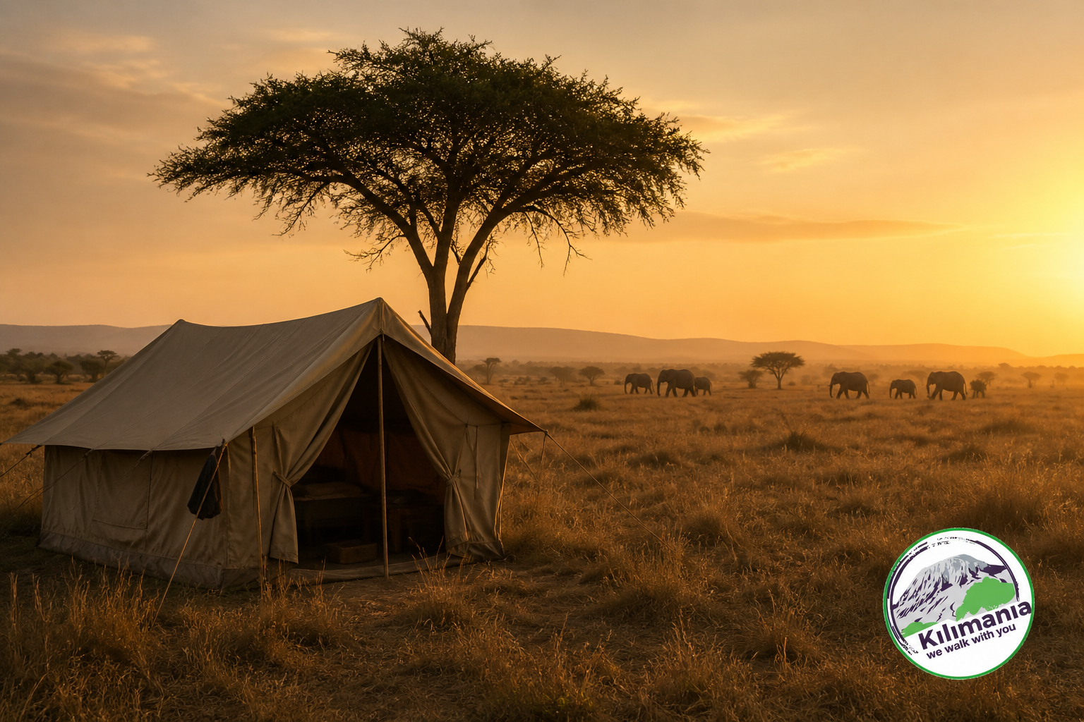 Budget camping safari Tanzania Serengeti National Park dry season, golden hour]