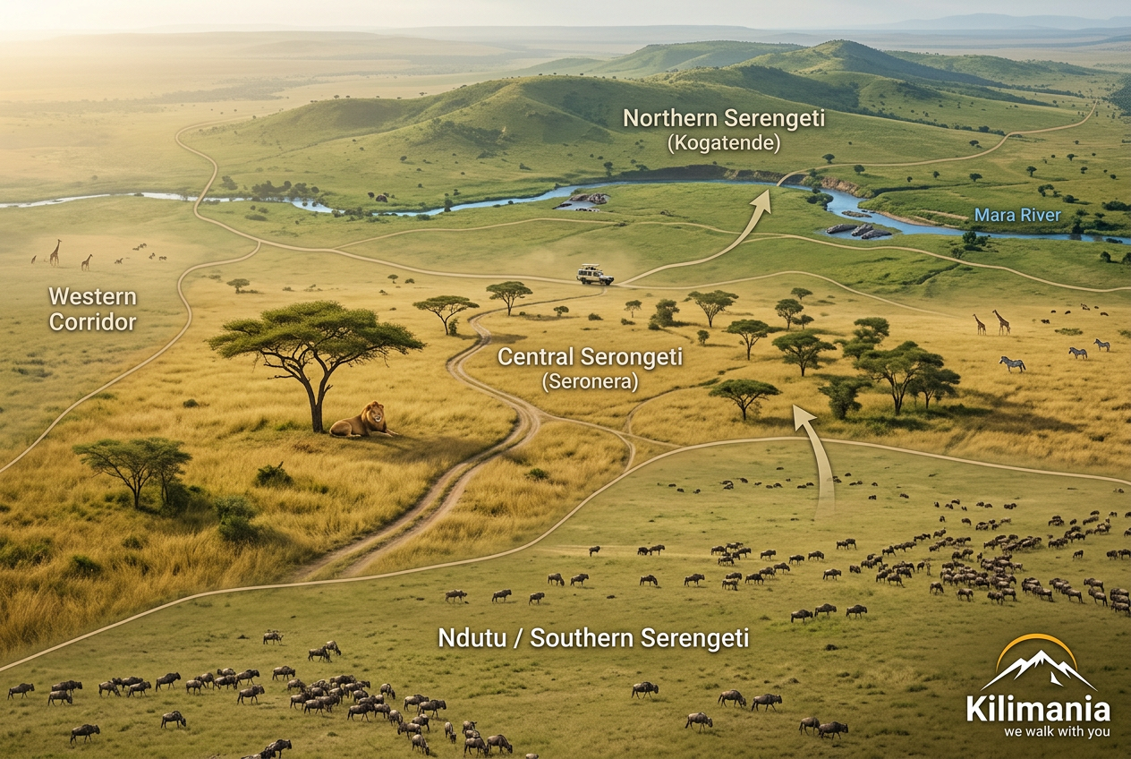 Serengeti safari zones cost comparison map showing Seronera, Kogatende, Ndutu, and Mara River wildlife regions in Tanzania 2026 
