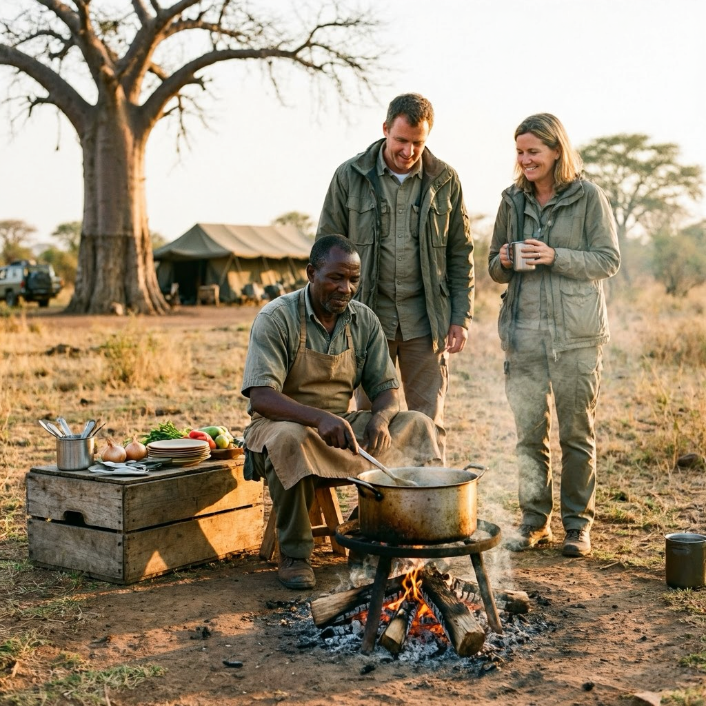 How Much to Tip on Tanzania Safari 2026: Exact Amounts 4 Safari cook preparing a meal at a camping site in Tarangire for the Tanzania safari tipping budget