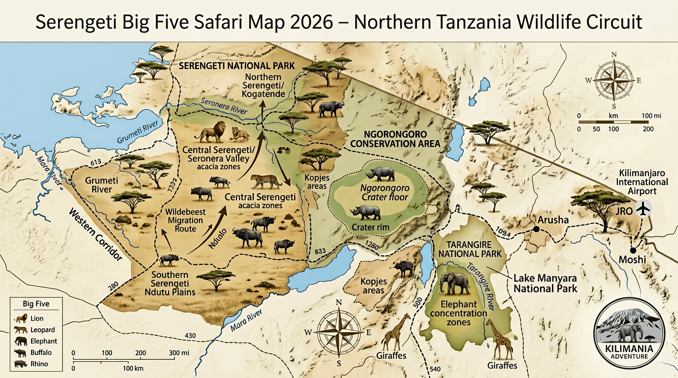 Serengeti Big Five Safari Map 2026 – Northern Tanzania Wildlife Circuit