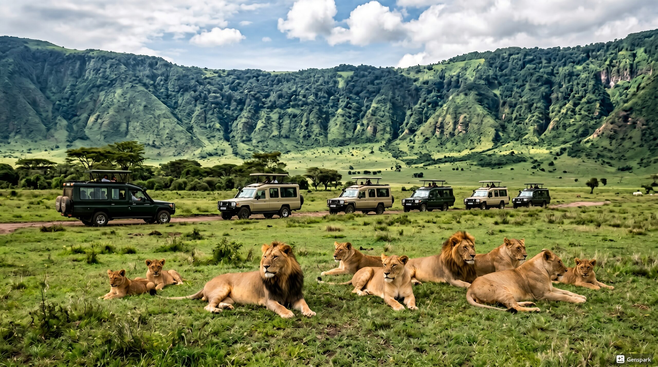 Budget Tanzania safari cost 2026 group of four in a Land Cruiser watching lions 