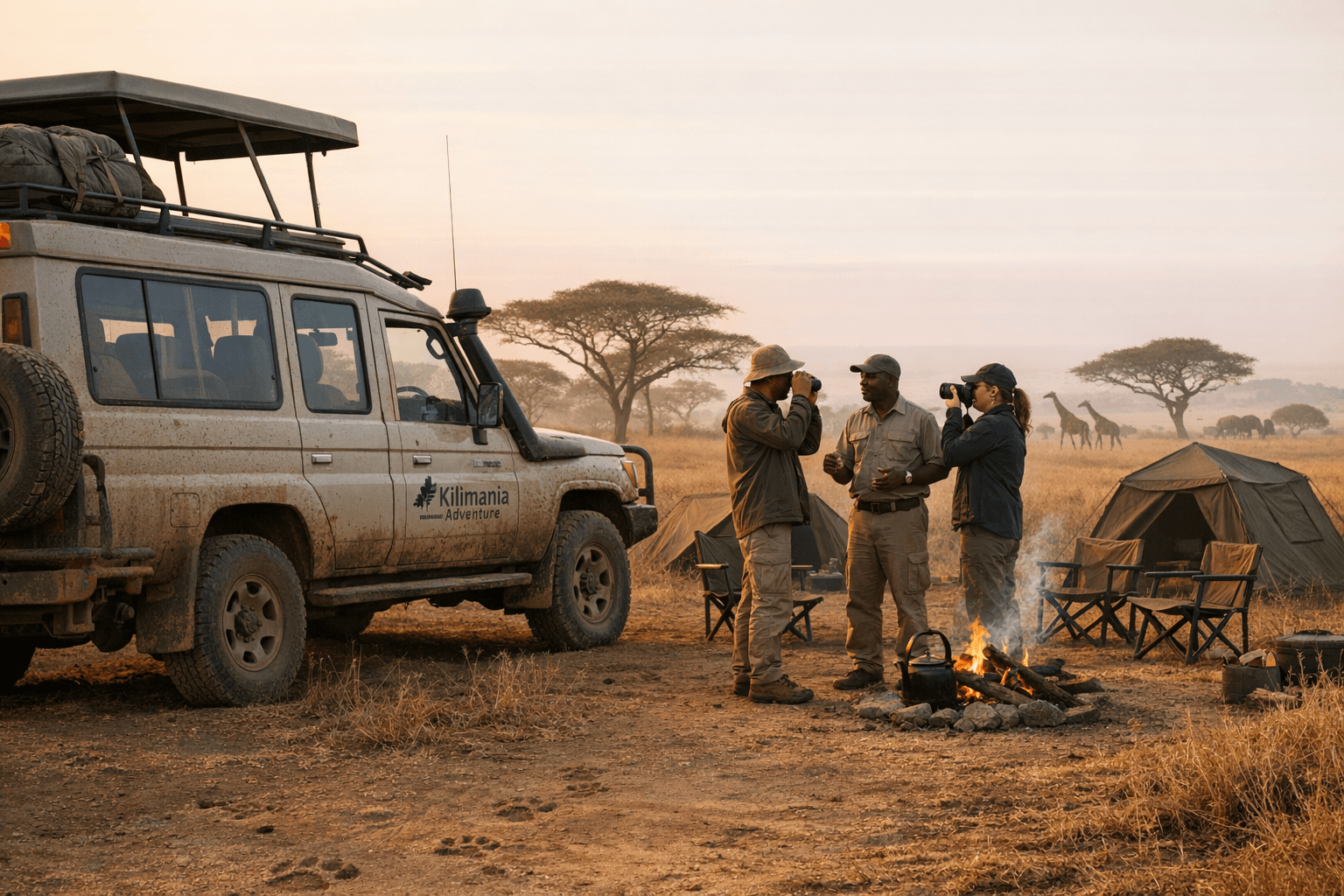 Serengeti budget safari campsite with Land Cruiser, Tanzania guide, and wildlife
