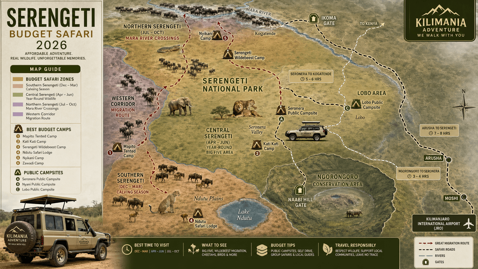 Serengeti budget safari map showing migration zones, public campsites, budget tented camps, and Tanzania safari routes for 2026 travelers