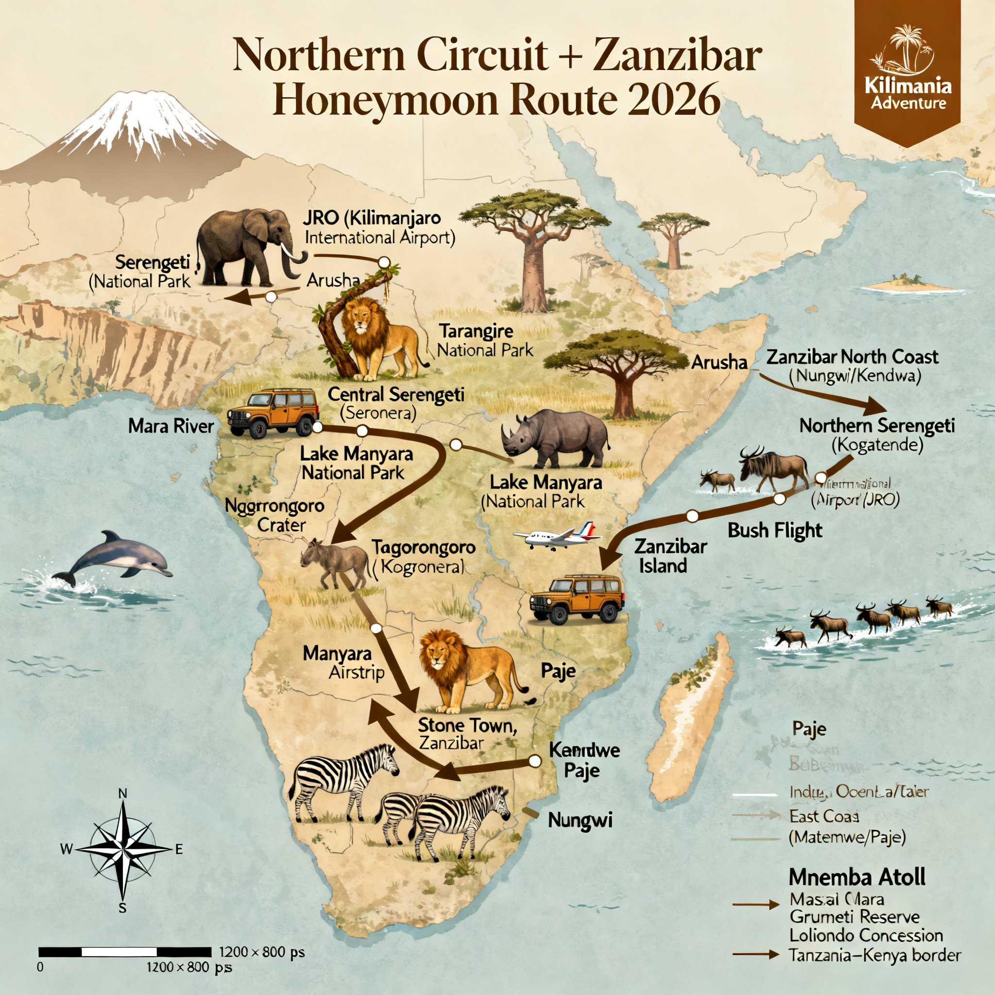 Tanzania Honeymoon Safari & Zanzibar 2026: The Complete Planning Guide. 6 Tanzania honeymoon safari Zanzibar route map Northern Circuit