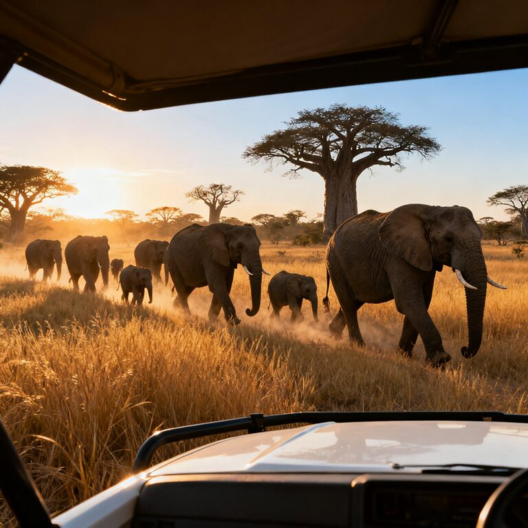 Elephant herd walking through dry season grassland with baobab trees Tarangire National Park Tanzania