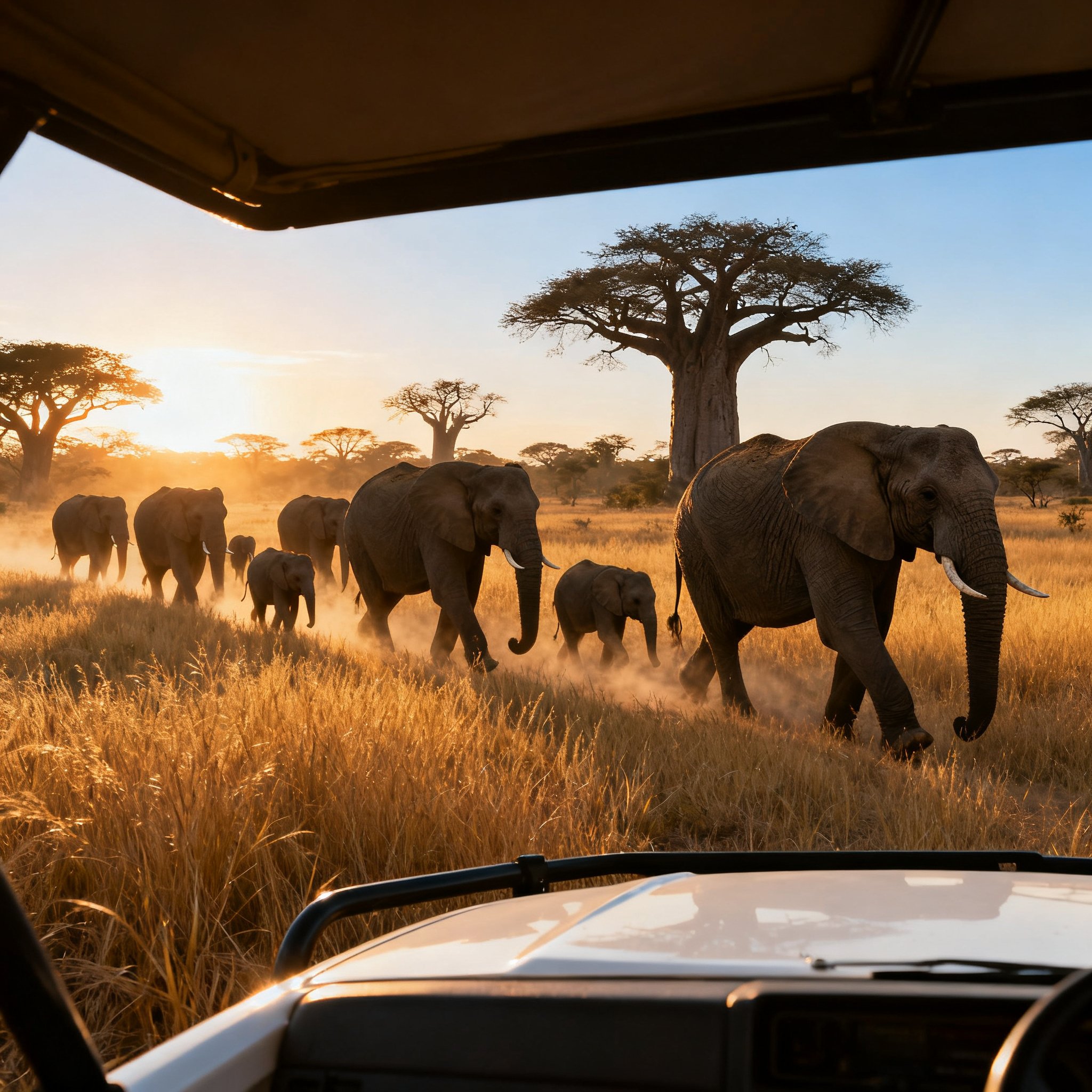 Elephant herd walking through dry season grassland with baobab trees Tarangire National Park Tanzania