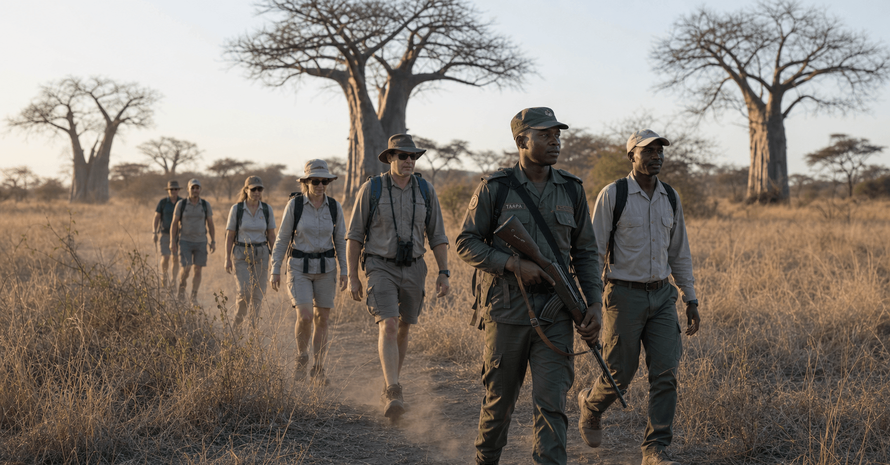 Walking safari Tanzania armed ranger guide leading group Tarangire Lemiyon