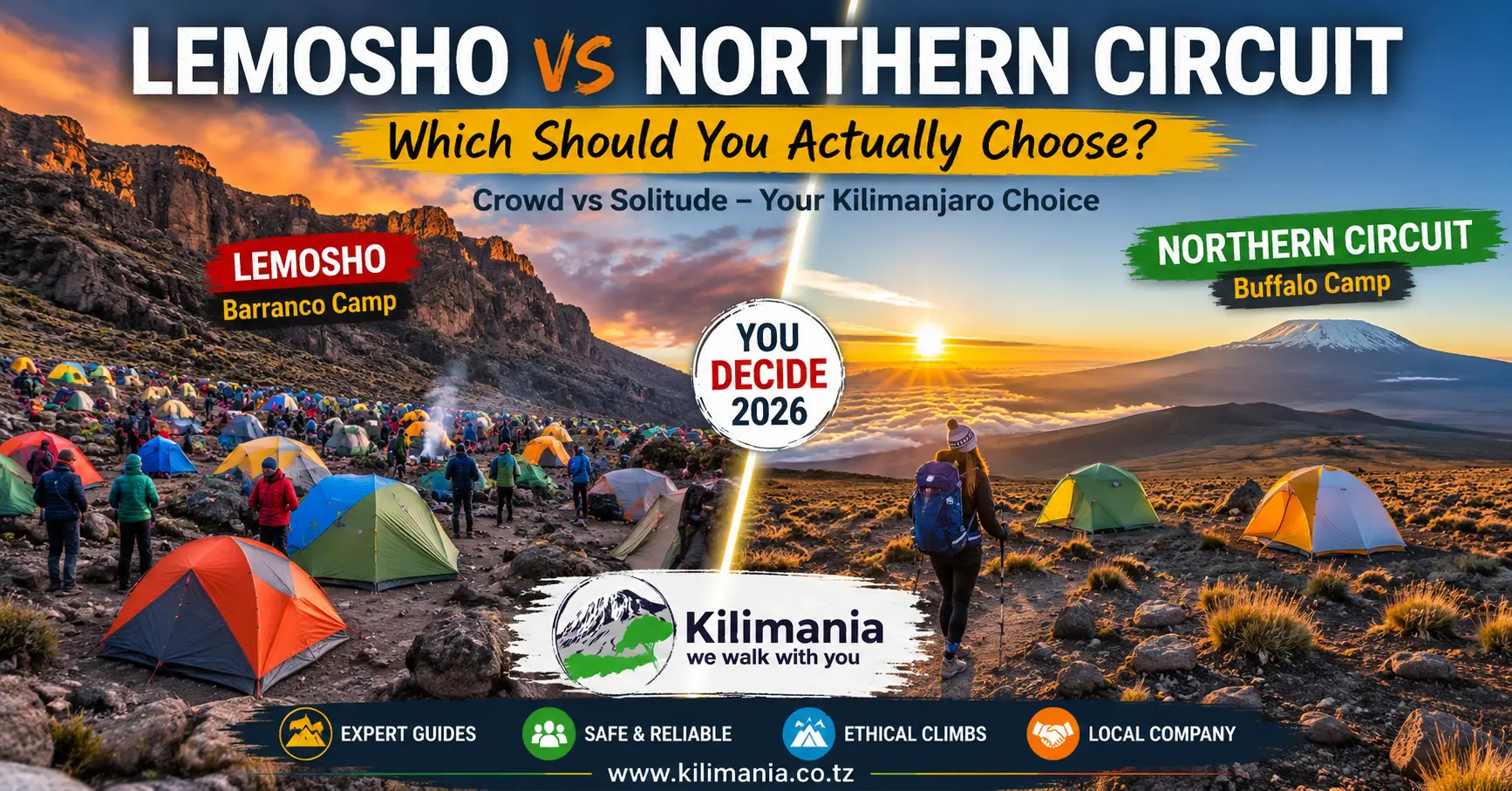 Split-screen comparison of crowded Barranco Camp on the Lemosho Route and remote Buffalo Camp on the Northern Circuit on Mount Kilimanjaro