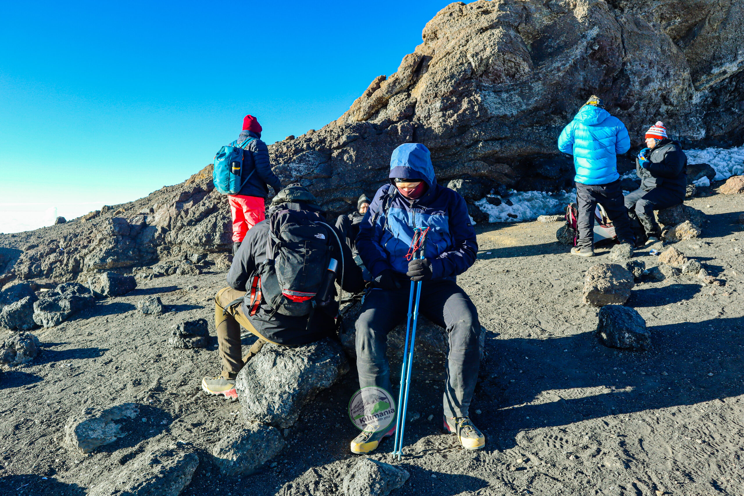Climbers at Stella Point on the way to Uhuru Peak, completing the 7 Days Machame Route on Mount Kilimanjaro.