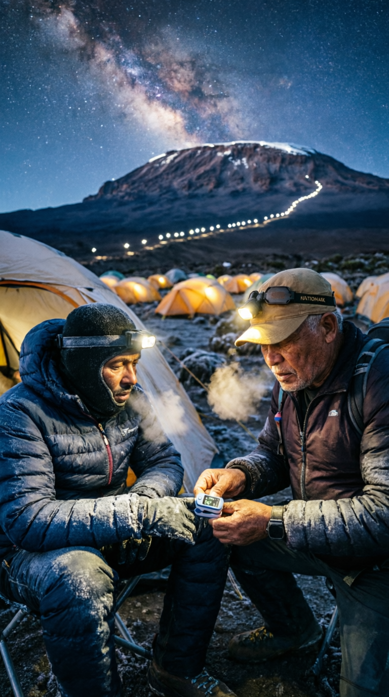 Barafu Camp at 4,673m on Mount Kilimanjaro, Tanzania — pit latrine toilets, -12°C temperatures, altitude camping