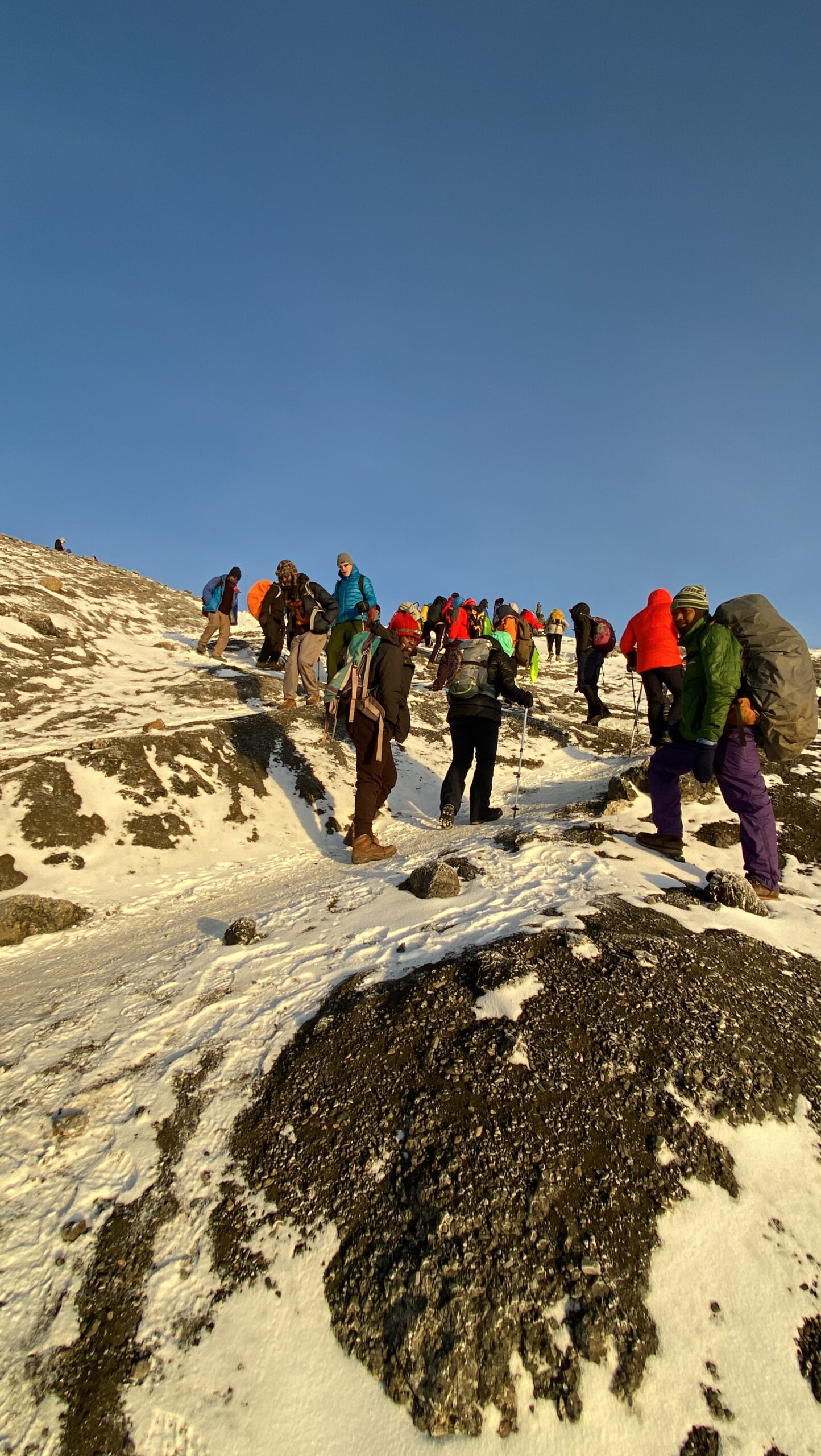 Kilimania Adventure climbers at Uhuru Peak (5,895m), the highest point in Africa, on Mount Kilimanjaro