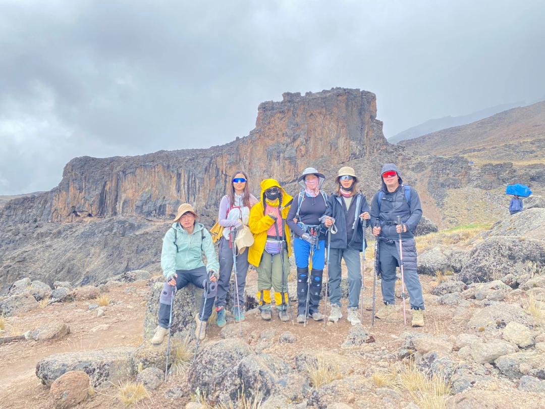 Climbers at Lava Tower acclimatization stop, 4600m, Machame Route, Kilimanjaro 2026