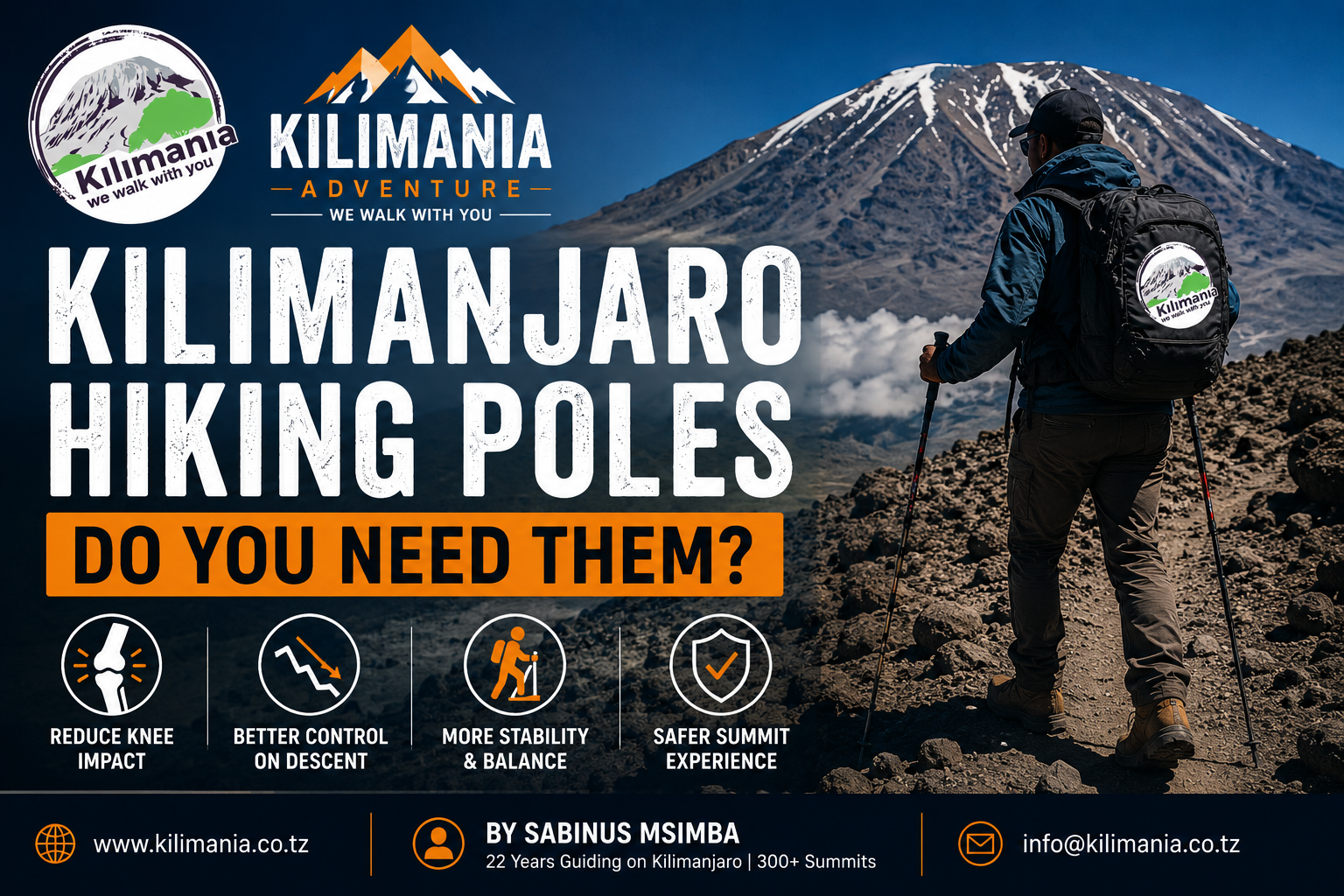Senior Kilimanjaro guides assisting climbers using trekking poles during the descent from Uhuru Peak on Mount Kilimanjaro, Tanzania. Kilimanjaro Trekking Poles