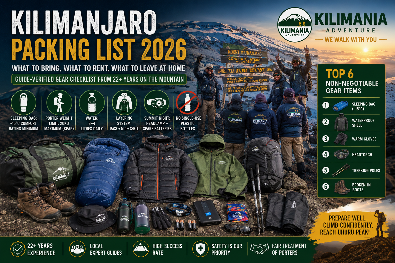 A climber's full gear laid out on a Moshi guesthouse bed before departure — boots, summit jacket, headlamp, gloves, daypack