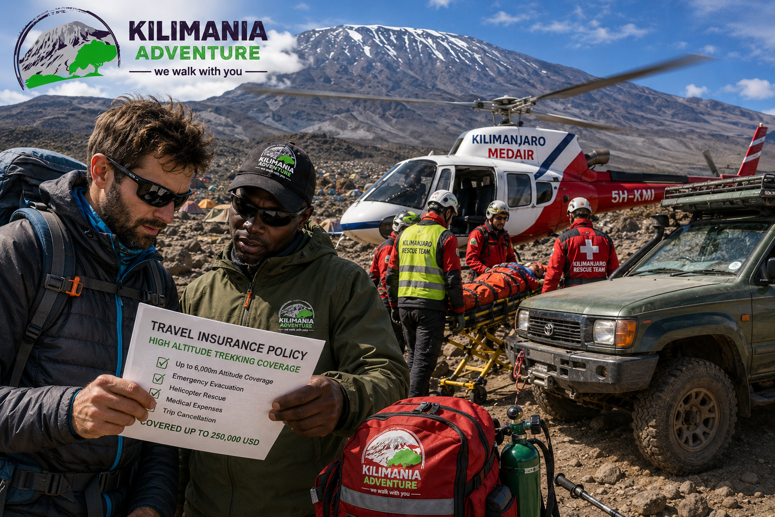 Kilimania guide explains travel insurance coverage during a Kili MedAir helicopter rescue exercise