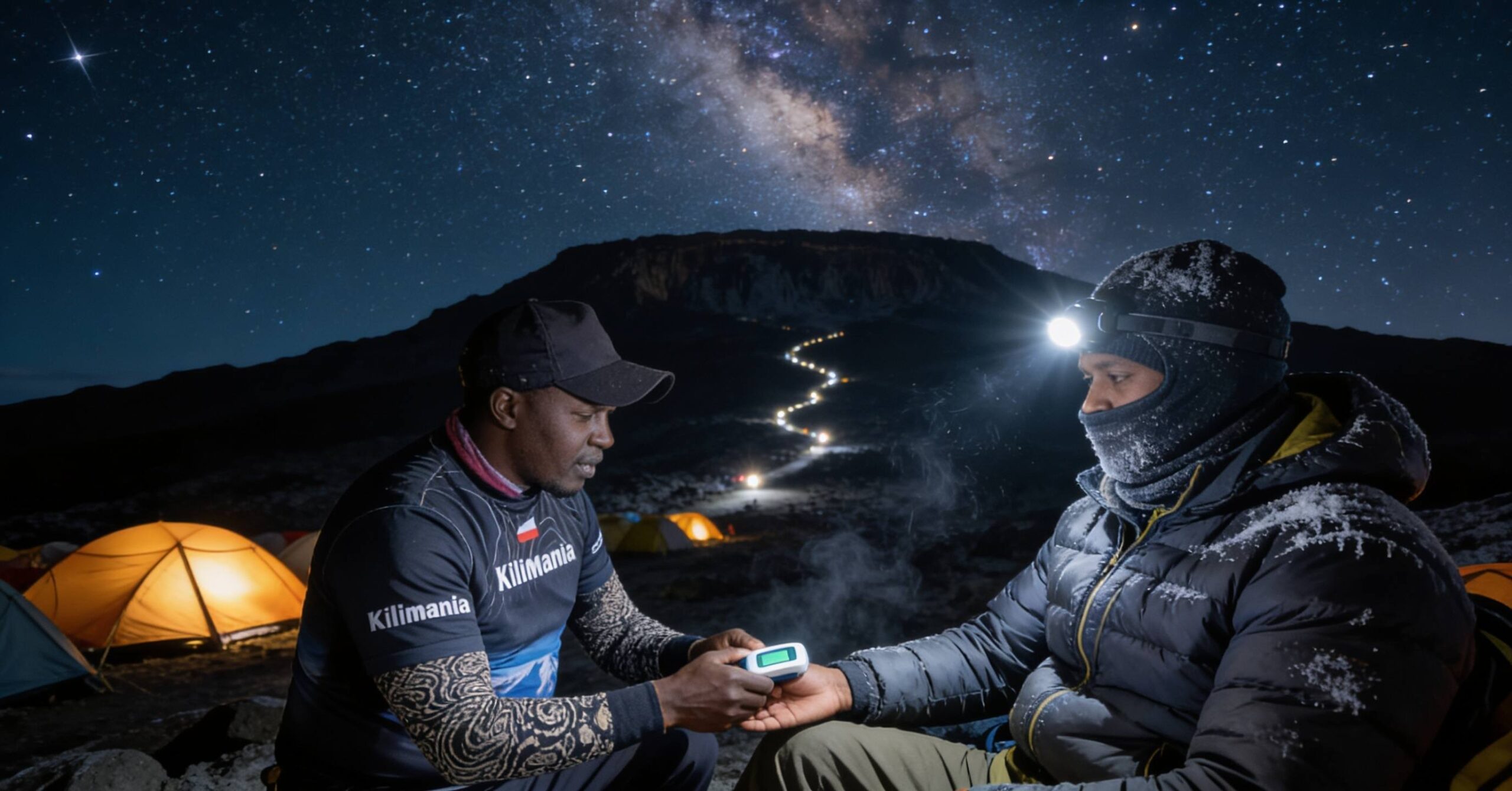 senior Kilimanjaro guide Sabinus Msimba, altitude assessment, pulse oximeter, Barafu Camp Kilimanjaro