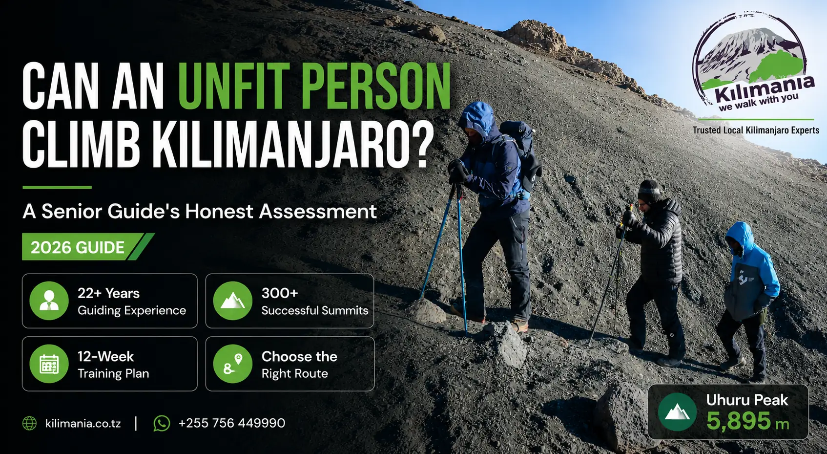 Three hikers ascending Mount Kilimanjaro on the summit trail with a Kilimania guide, illustrating that even beginners with proper preparation can successfully climb Africa's highest mountain.
