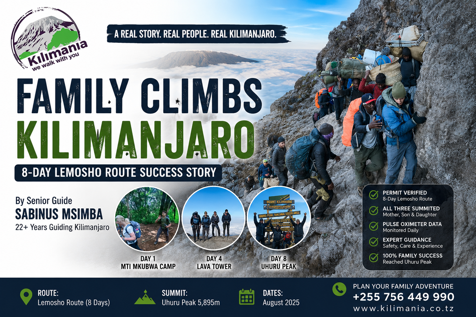 A mother, her son, and her daughter climbing Mount Kilimanjaro on the 8-day Lemosho Route with Senior Guide Sabinus Msimba Climbing Kilimanjaro as a Family
