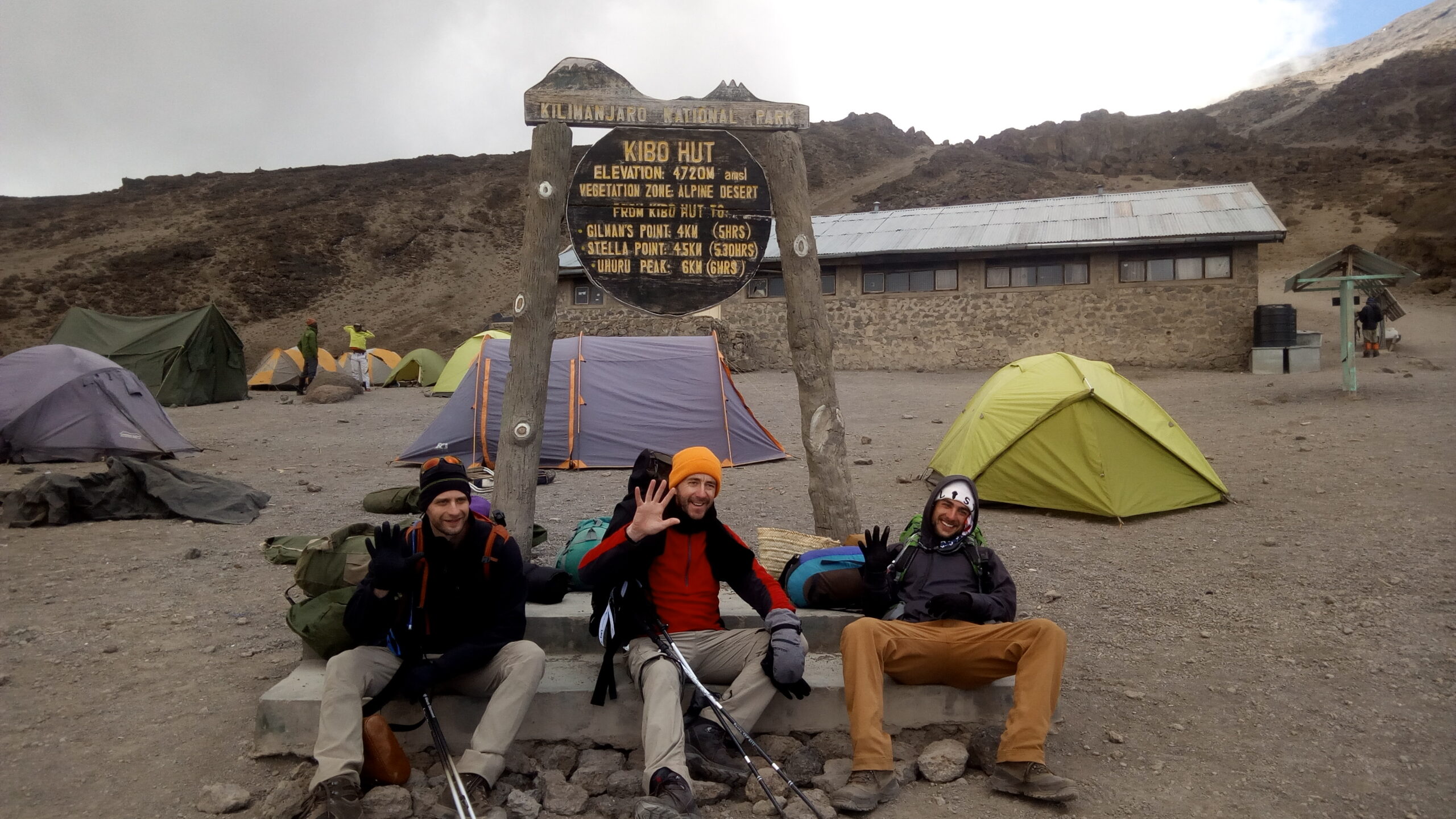 Climbers resting at Kibo Hut before summit night on Kilimanjaro