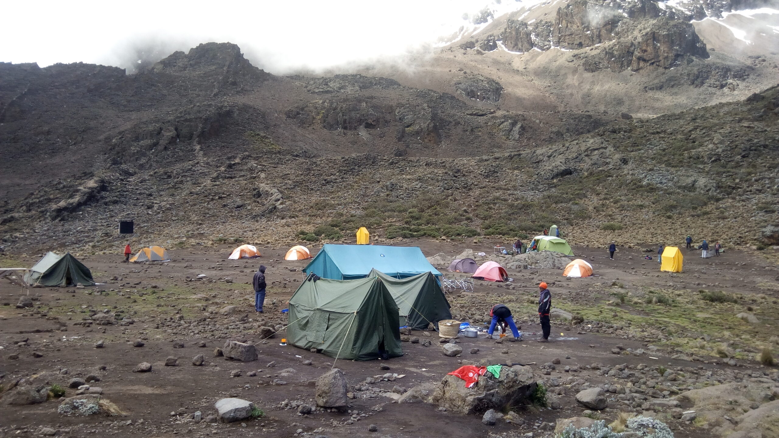 Morning view of Mawenzi Tarn Camp on the Rongai Route with Mawenzi Peak in the background