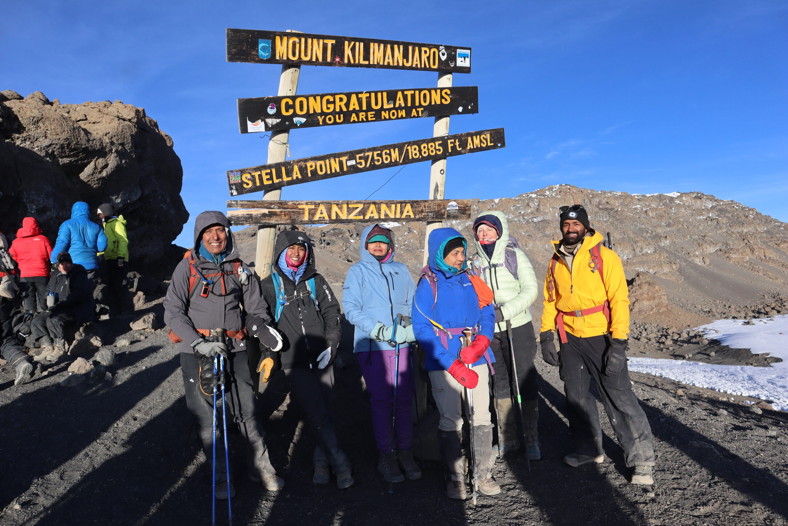 Sabinus Msimba and climbing group at Stella Point, 5,756m, Kilimanjaro summit 2026