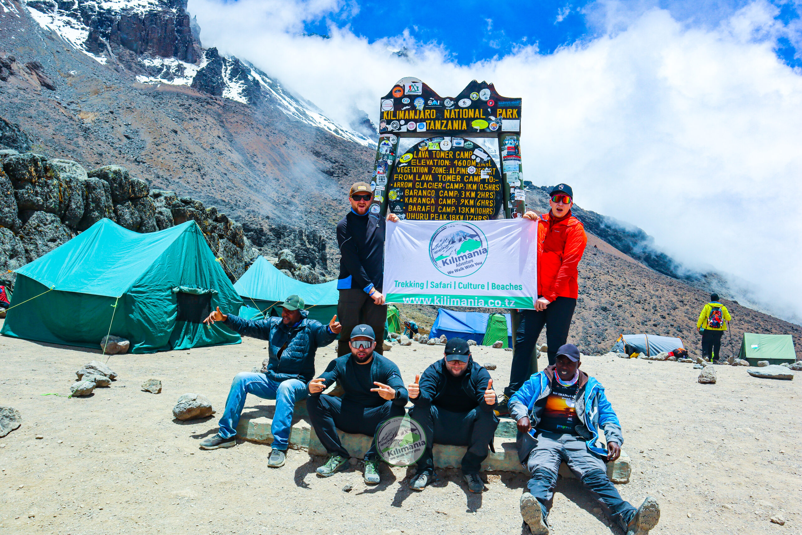 Kilimania Adventure guides at Lava Tower Camp 4630m — the key climb-high-sleep-low acclimatisation point on the family Kilimanjaro Lemosho Route