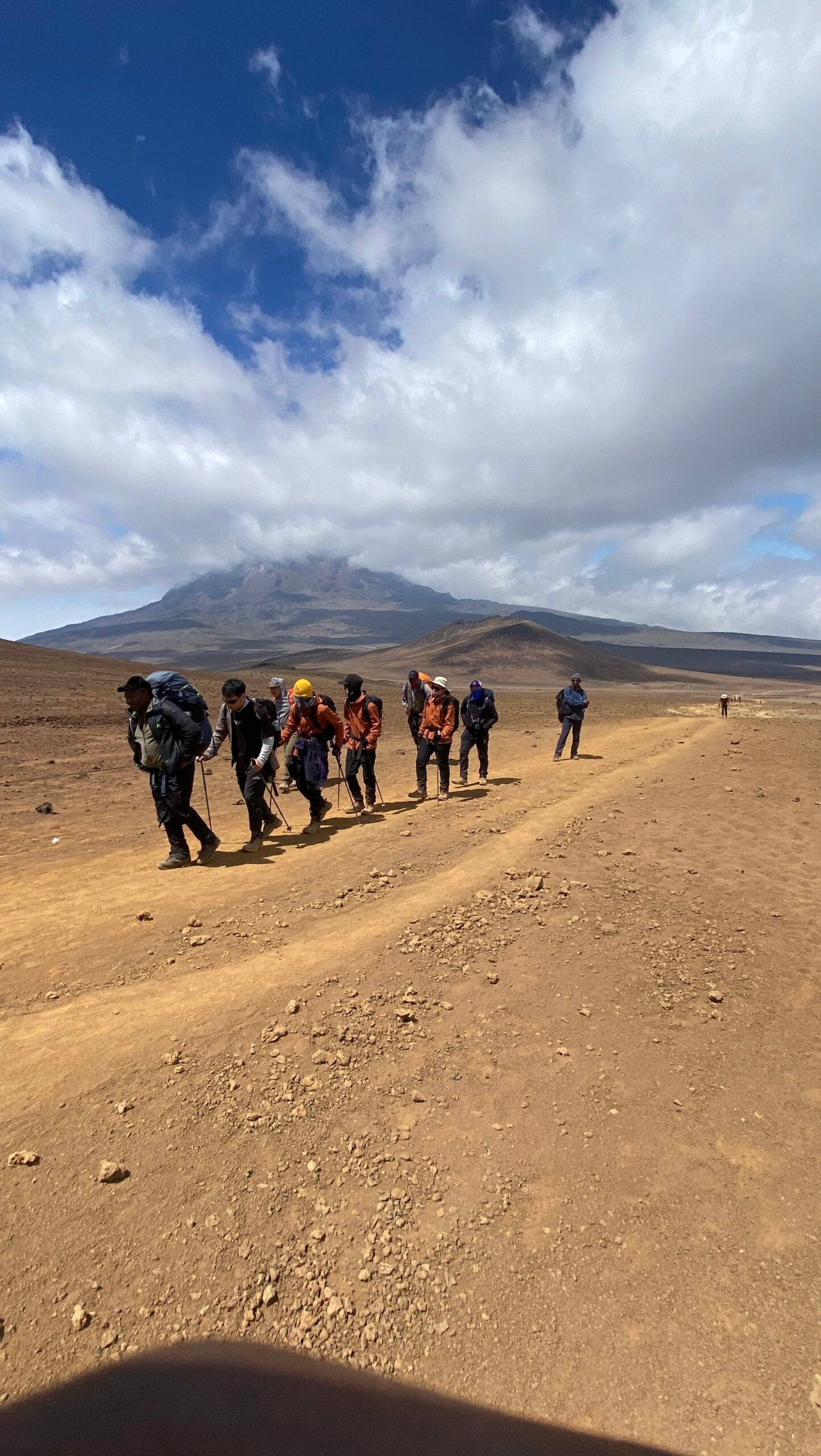 Kilimania climbers moving at pole pole pace across the alpine desert zone with Kibo summit visible ahead, Kilimanjaro