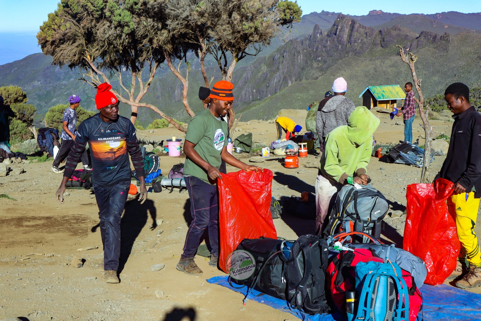 Morning at Shira 2 Camp on the 7-day Lemosho Route, Kilimania guide team breaking camp
