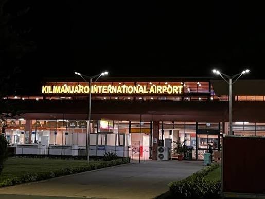 Kilimanjaro International Airport (JRO) terminal building lit up at night