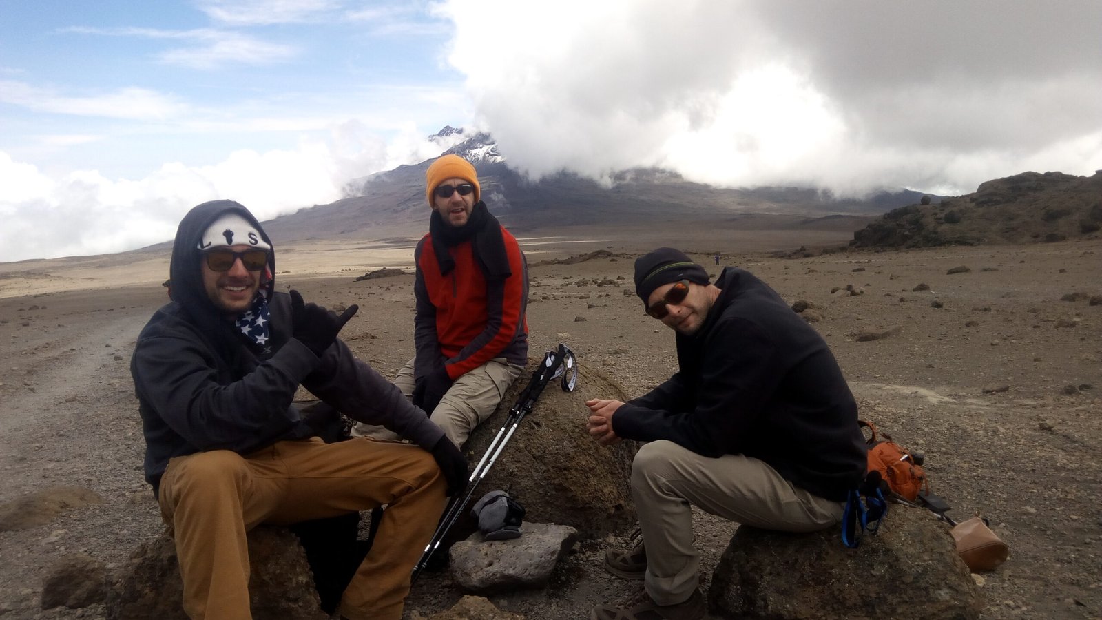 Climbers resting near the Saddle before a Kilimanjaro summit push